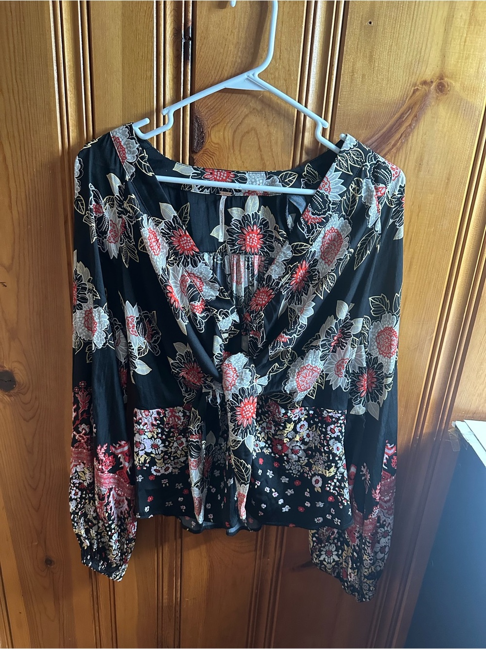 Free People Black Floral Long Sleeve V-Neck Top with Pink Accents